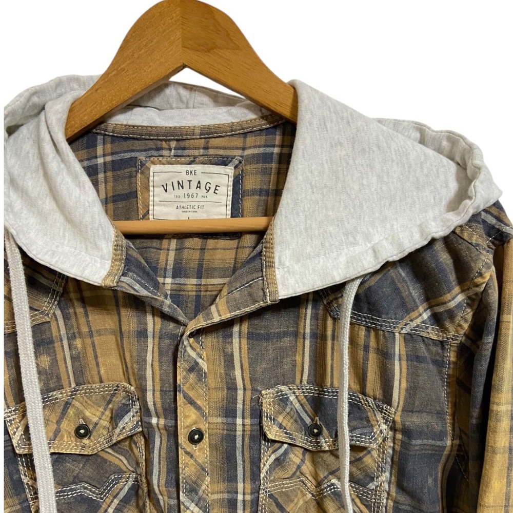 BKE Vintage Mens‎ Hooded Flannel Shirt Athletic Fit Mustard Yellow Plaid Large
